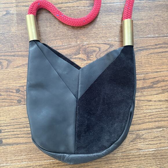 Wildwood Oyster Co Black Leather Crossbody red rope strap small tote bag purse - Picture 2 of 4